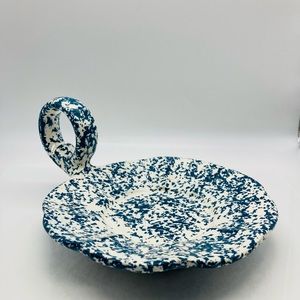 Vintage Enamelware Splattered Blue & White Candle Dish Holder With Handle